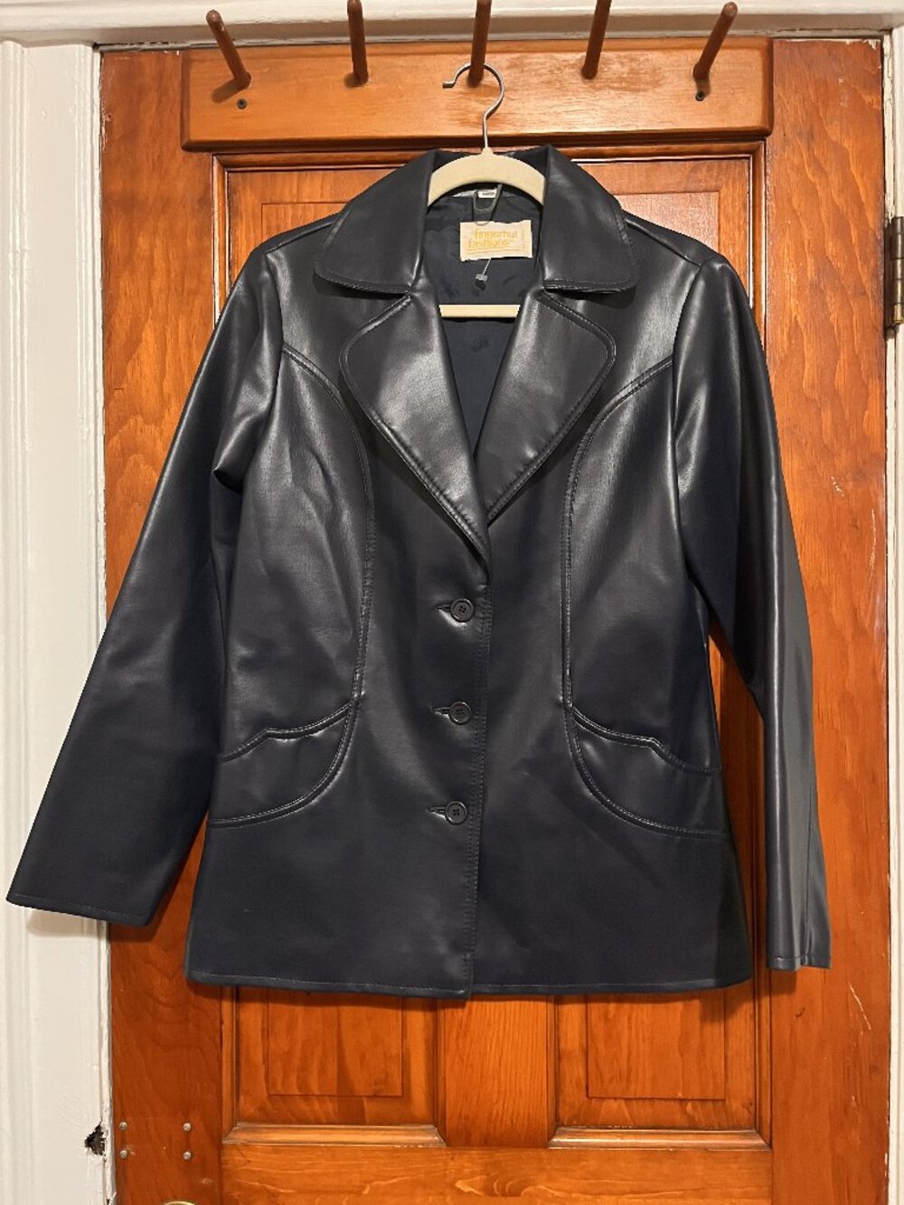 Vintage Fingerhut Fashions Navy Blue Faux Leather Jacket 70s Pleather Blazer